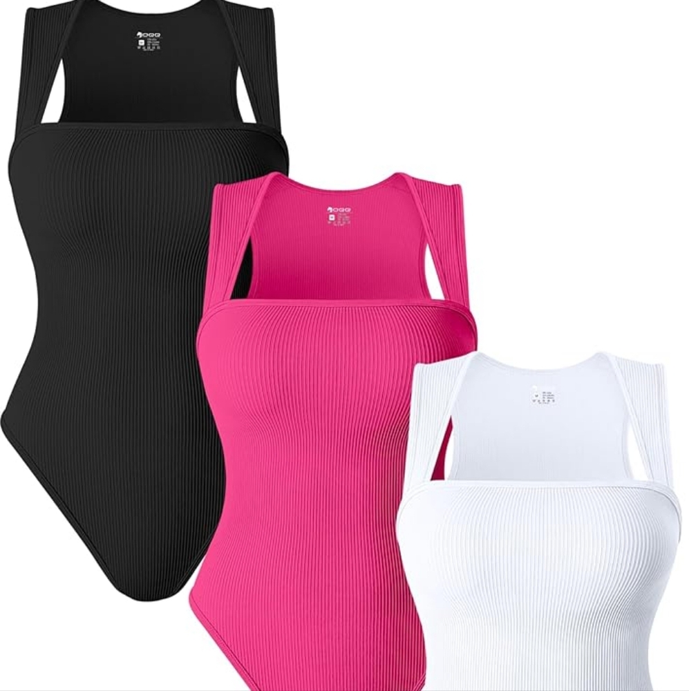 3 Piece Bodysuits For Women - Ribbed Strappy Square Neck Stretch Tank Top